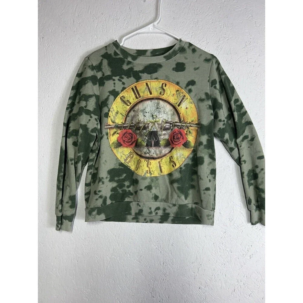 Authentic Guns N Roses Sweatshirt Womens Medium Graphic Print Tie-Dye Green Camo - Picture 1 of 9